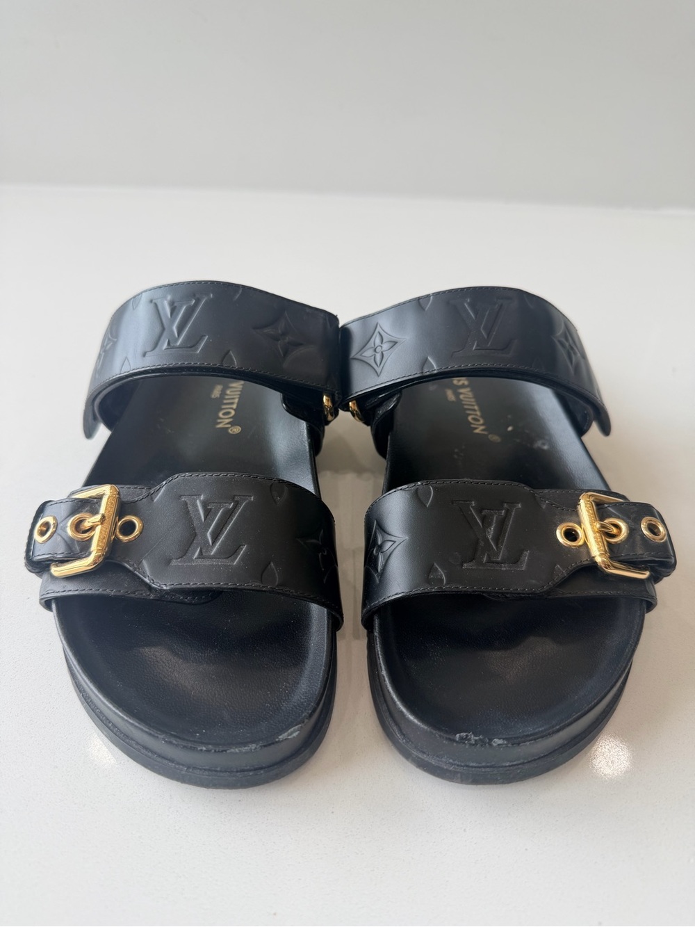 Louis Vuitton Black Monogram Buckle Slide Sandals